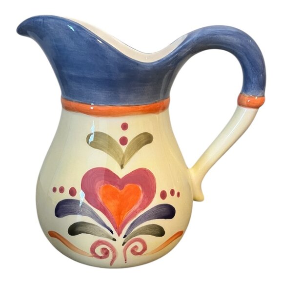 Jim Shore Heartwood Creek 2002 Hand-Painted Ceramic Pitcher Floral & Heart, 7" T - Picture 1 of 7